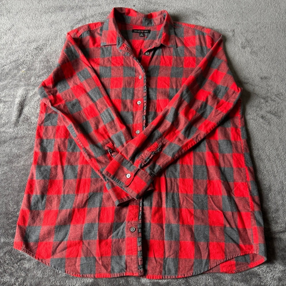 Banana Republic Red Grey Buffalo Plaid Ruffle Trim Flannel Shirt‎ Womens XL